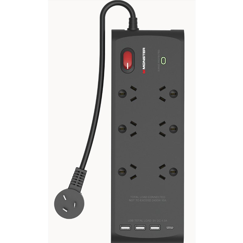 Monster 6-Socket Surge Board with USB - Black - Audio Active Australia